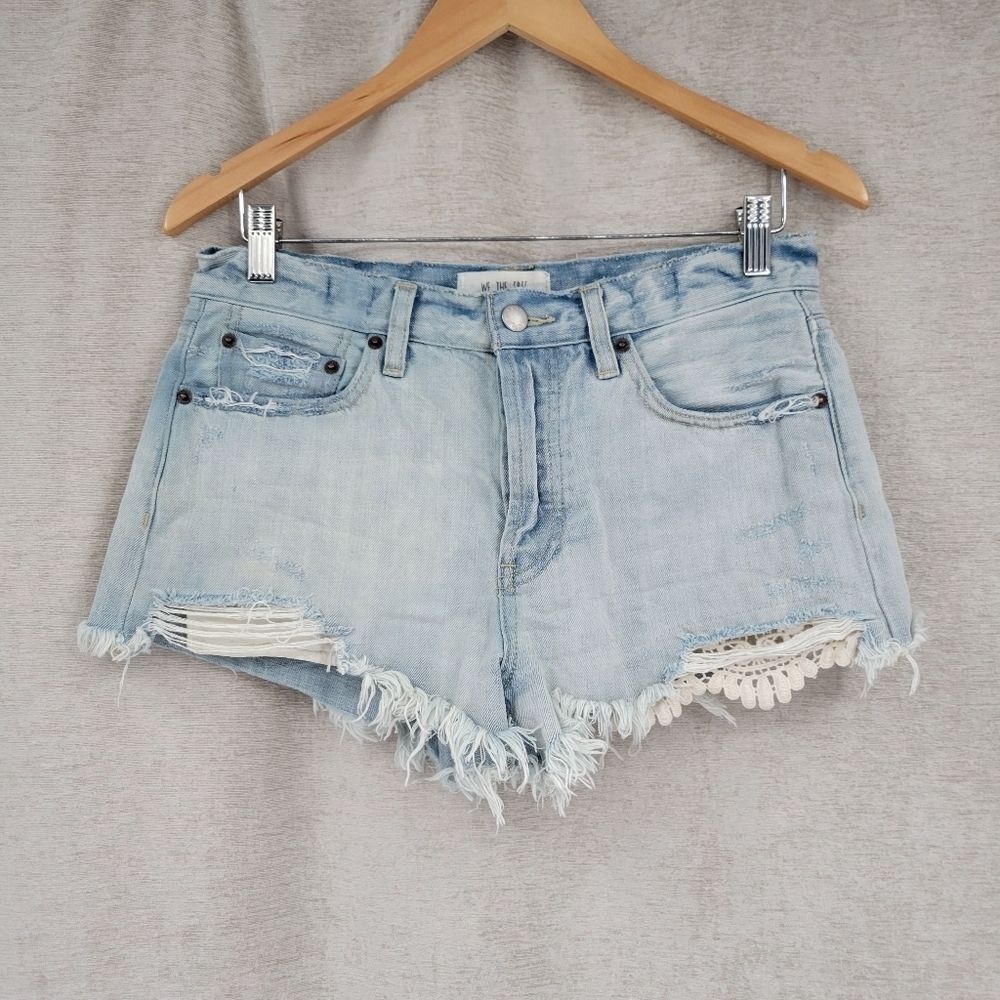 We the Free Cut Off Denim Shorts Button Fly Distressed Frayed Crochet Size 28